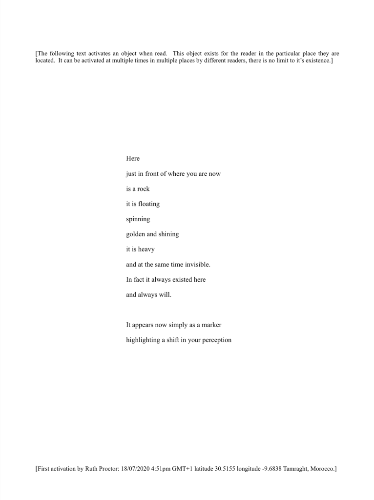 A pdf text artwork describing a shining spinning rock appearing in front of the reader as the text is read