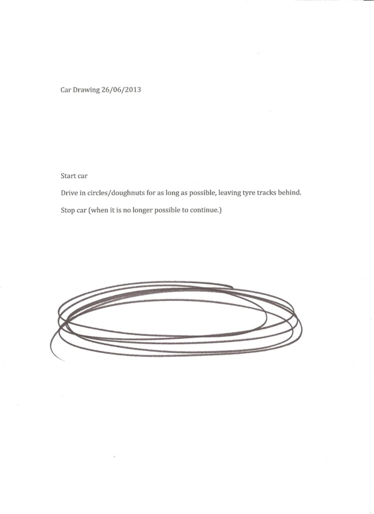 Text instructions for the car drawing performance “start car, drive in circles for as long as possible, leaving tyre tracks behind, stop car when it is no longer possible to continue”
With marker drawing of the described circles.